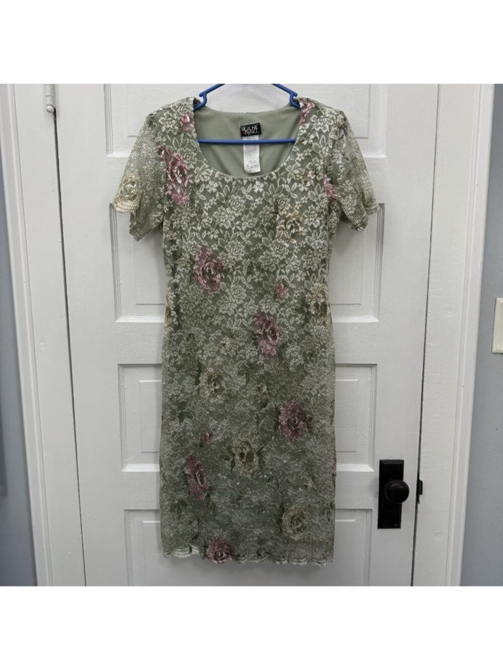 Vintage 90s Helene Blake Size 6 Sage Floral Lace Sheath Dress USA Made